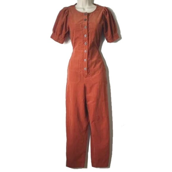 NWT Madewell Cotton Corduroy Puff Sleeve Button Front Jumpsuit 00 Burnt Orange - Picture 2 of 12